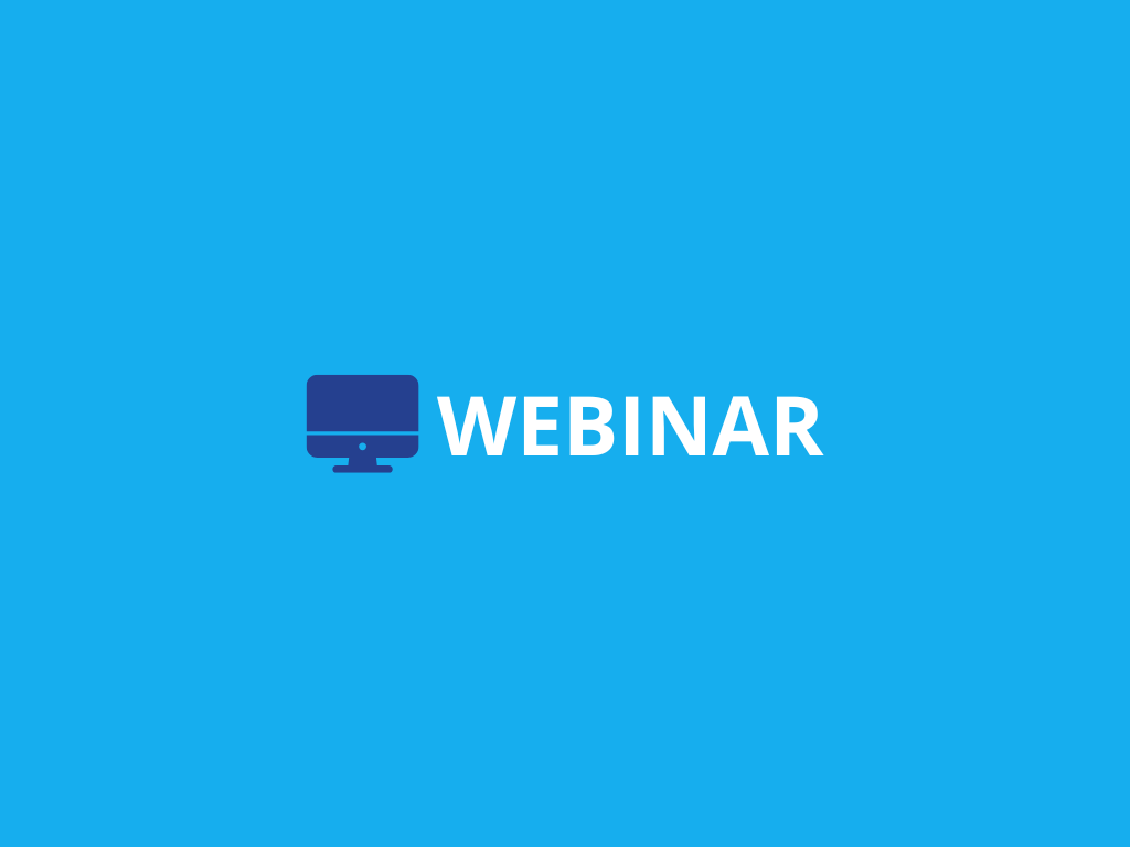 Webinar graphic with computer icon on blue background